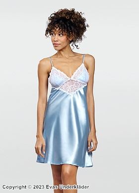Elegant nightdress, satin, thin shoulder straps, lace inlay